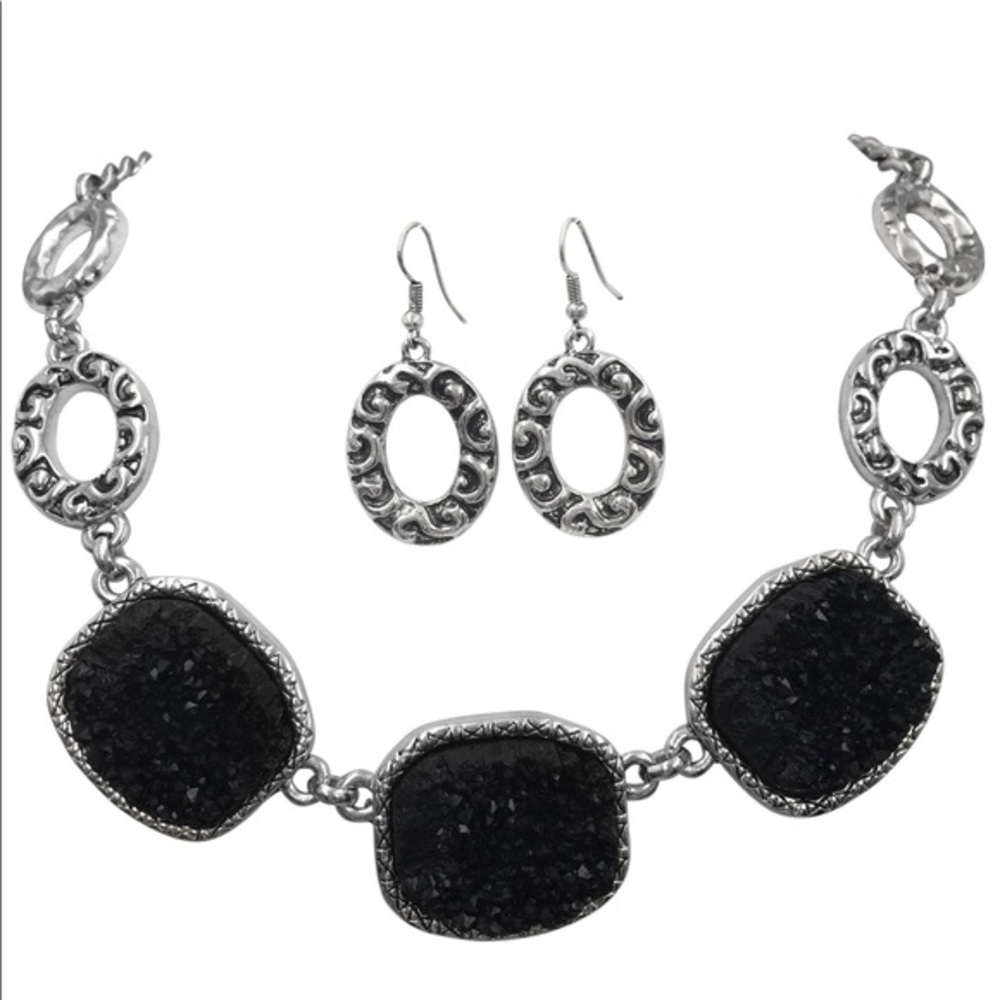 Black Druzy Chunky Swirl Necklace Earrings Set